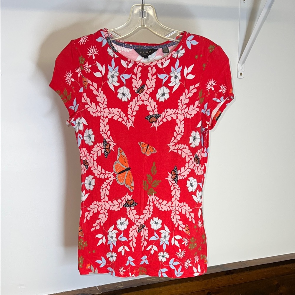 Ted Baker London Monarch‎ Butterfly Red Floral Short Sleeve Top- S